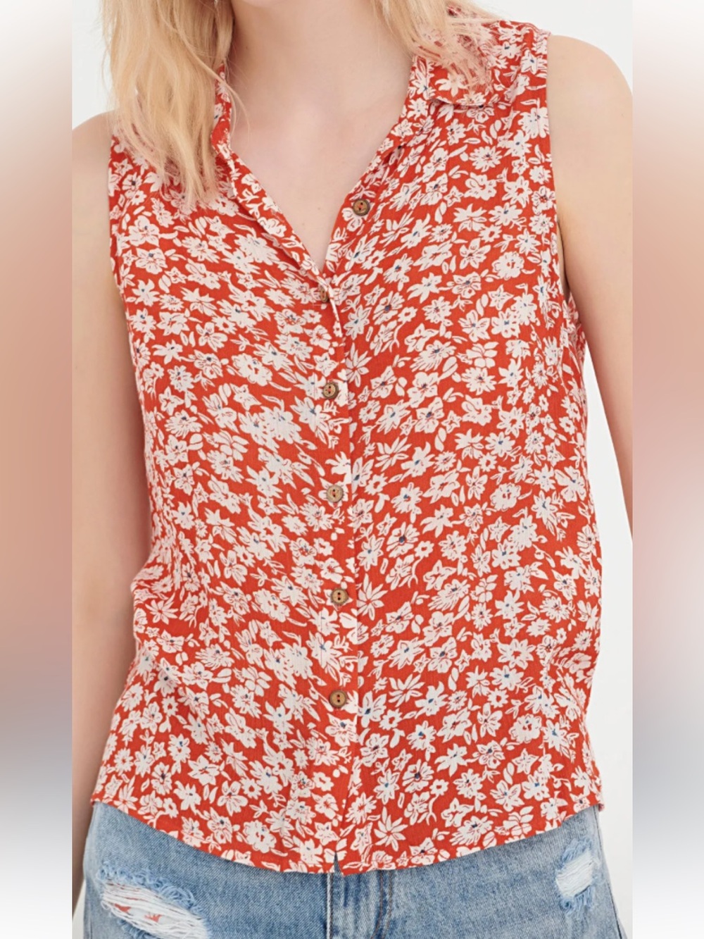 Woolrich Rhubarb Sleeveless Floral Button-Front Top Blouse in Red and White XL